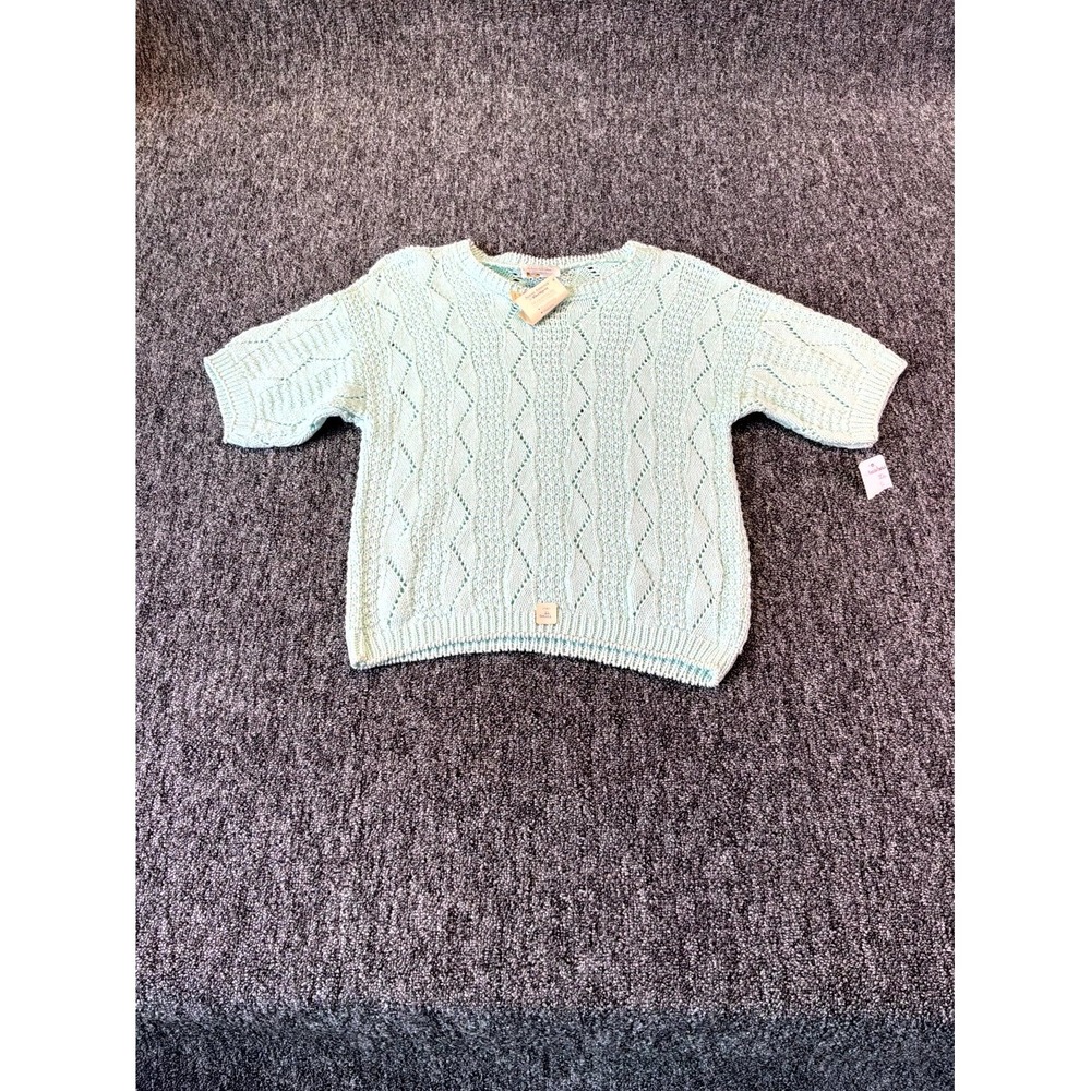 Across America Sweater Womens Small Mint Green Open Knit Pointelle Short Sleeve